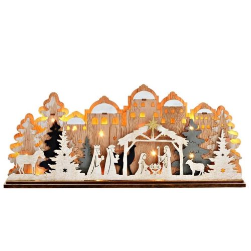 Kerststal van houtsnijwerk met led-verlichting 45cm breed