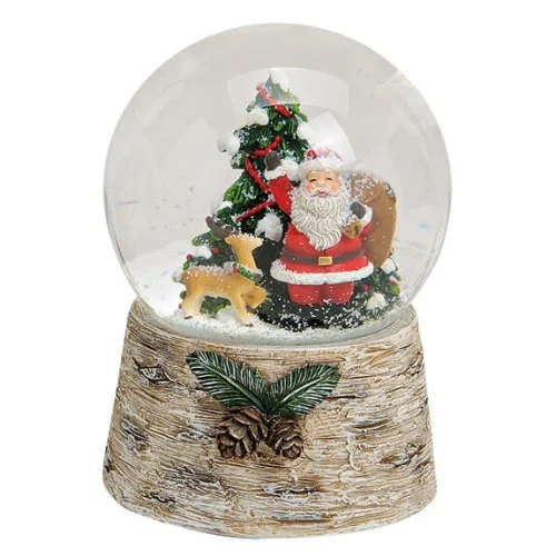 Sneeuwbol en speeldoosje kerstman en kerstbom op houder in berkmotief