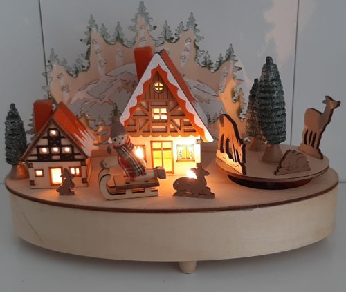 Speeldoos kerst wintertafereel gedetailleerd van hout met led-verlichting