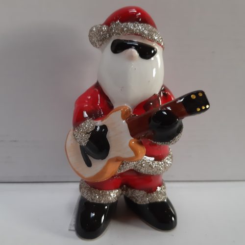 Beeld kerstman met glitterpak en gitaar 12 cm hoog