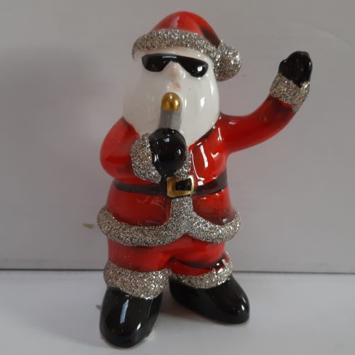 Beeld kerstman met glitterpak en gouden microfoon -12 cm hoog