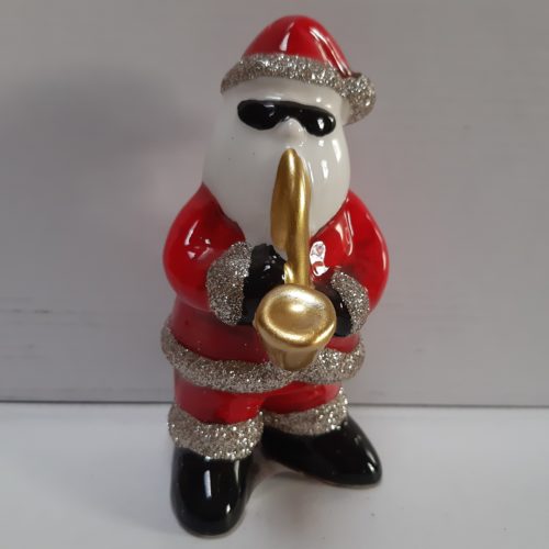 Beeld van kerstman in glitterpak met goudkleurige saxofoon 12 cm hoog