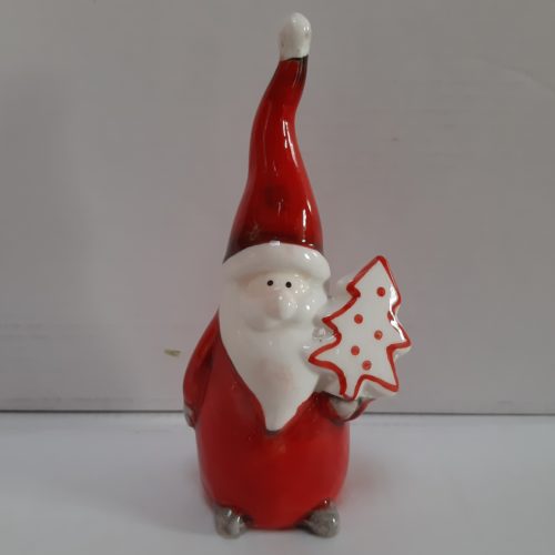 Beeldje kerstman met kerstboom in rood en wit 12cm hoog