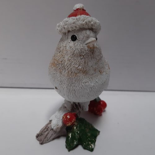 Beeldje kerstvogel- winter vogel kijkend naar links 10 cm hoog