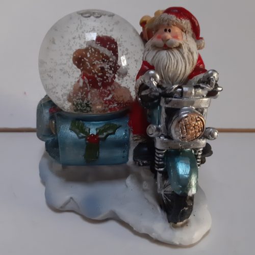 Sneeuwbol kerstman op motor met blauwe zijspan met teddybeer in bol -Type B