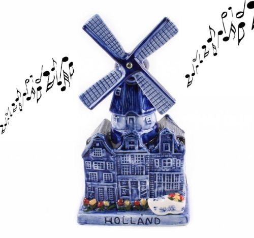 Delftsblauwe muziekdoos stadsmolen Holland met tulpen en klomp