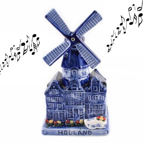 Delftsblauwe muziekdoos stadsmolen Holland met tulpen en klomp