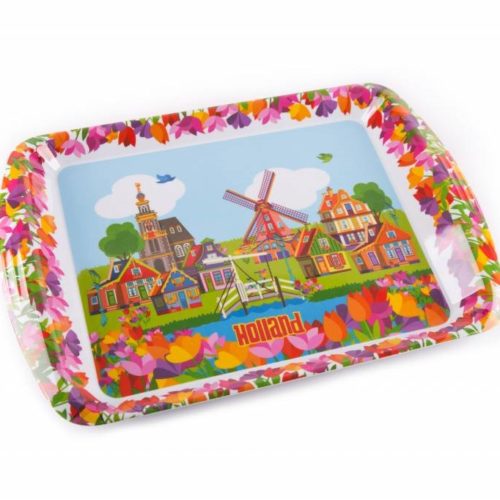 Dienblad Holland kleurig met ophaalbrug, tulpen en molen