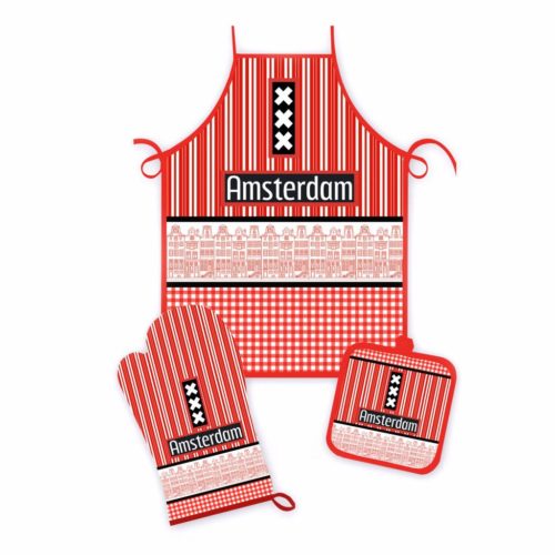 Keukenset Amsterdam met schort pannenlap en ovenhandschoen