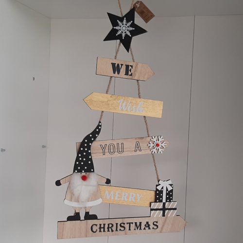 Hanger kerstboom hout We wish you a merry Christmas in zwart wit en nature