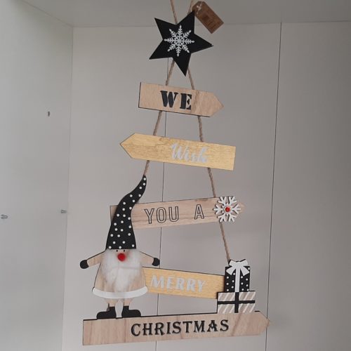 Hanger kerstboom hout We wish you a merry Christmas in zwart wit en nature