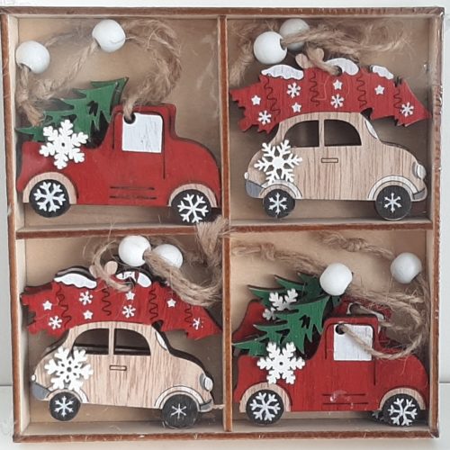 Houten kerstboomhangers auto's in houten doosje