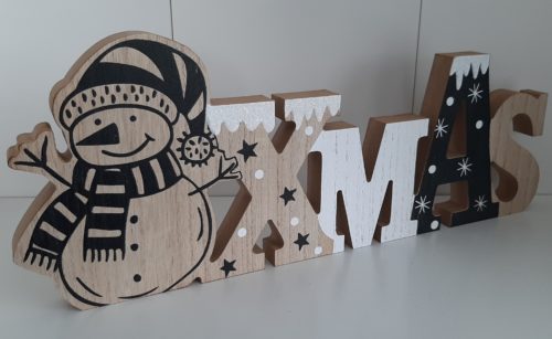 Houten letters Xmas met sneeuwpop 39cm breed