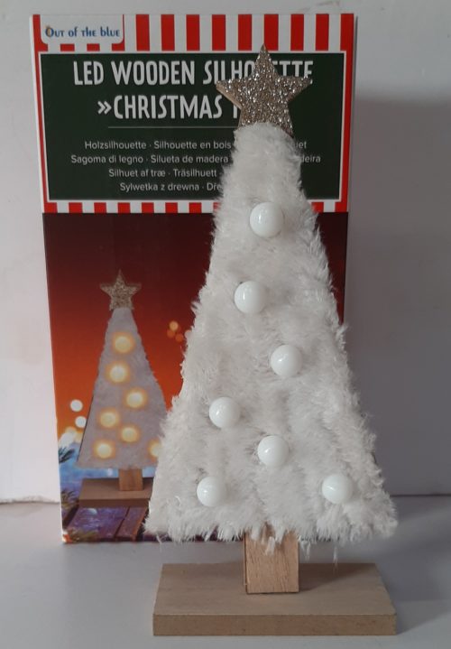 Houten silhouet kerstboom fluffy met ledlampjes recht model