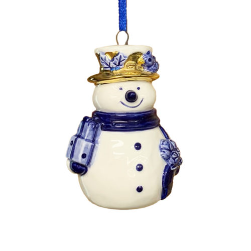 Kerstboom hanger Hollands sneeuwman in Delftsblauw met gouden hoed