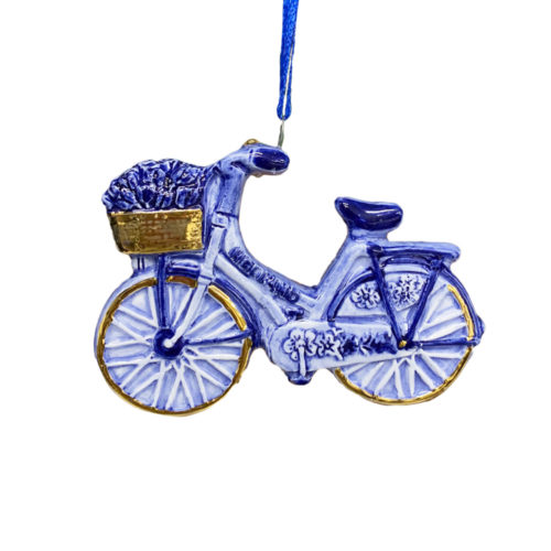 Kerstboom hanger Hollands blauwe fiets met mand en gouden accenten