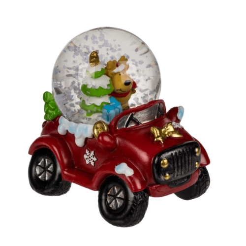 Sneeuwbol klein rendier met kerstboom in een auto