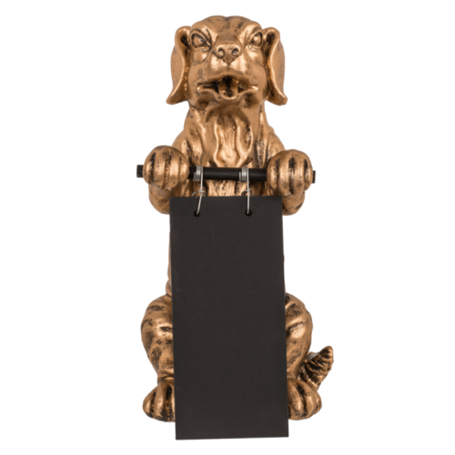 Goudkleurige hond met schrijfbordje, beeldje van 23 cm.