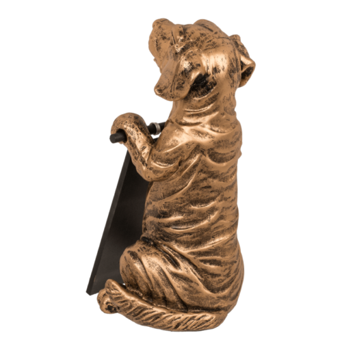Goudkleurige hond met schrijfbordje, beeldje van 23 cm.