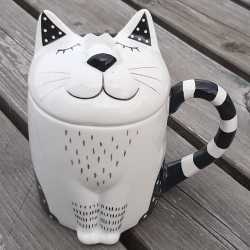 Katten mok met 3D deksel in wit en zwart